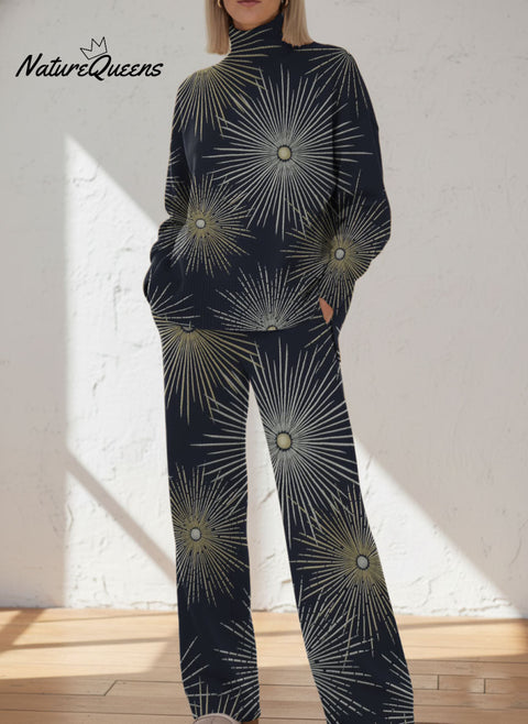 Mysterious Radiating Star Decorative Pattern Casual Stand Collar Long Sleeve Top And Pants