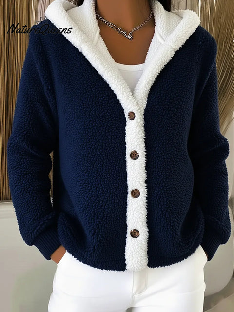 Casual Lambswool Warm Colorblock Hooded Button Jacket
