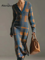 Women's Cozy V-neck Plaid Sweater Dress