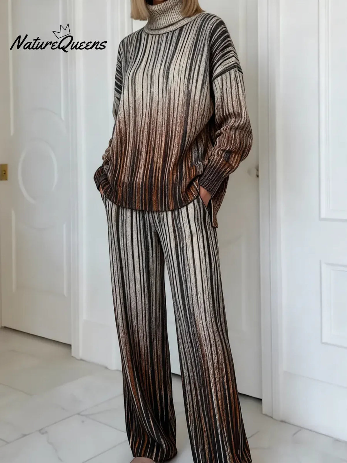 Women's Vintage Gradient GeometryArt Print Casual Knitted Cotton Top Pants Suit