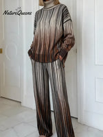 Women's Vintage Gradient GeometryArt Print Casual Knitted Cotton Top Pants Suit