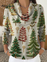 Women's Vintage Christmas Tree Art Print Cowl Neck Sweater
