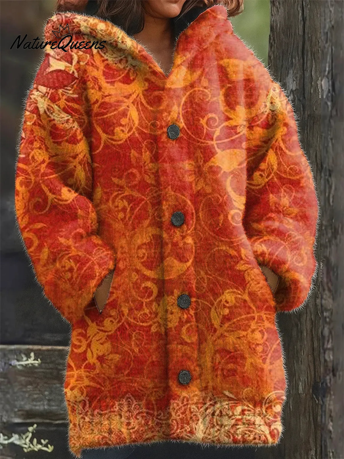 Women's Vintage Flower Pattern Art Print Casual Fleece Coat