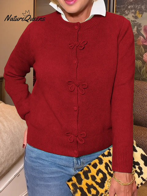 Women's Solid Color Round Neck Long-sleeved Knitted Cardigan