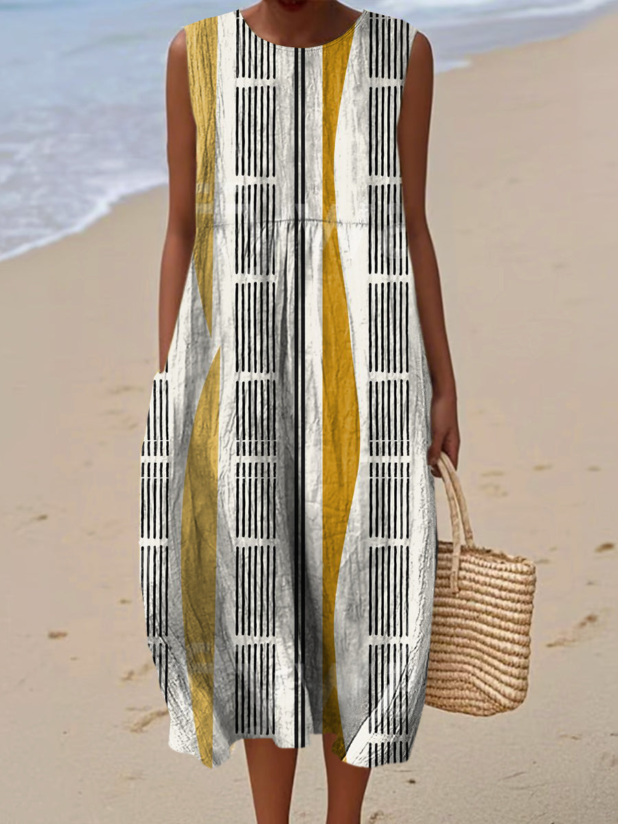 Women's Vintage Geometry Art Print Sleeveless Cotton Pocket Wrap Dress