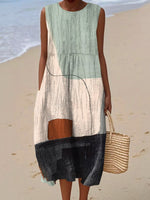 Women's Vintage Geometry Art Print Sleeveless Cotton Pocket Wrap Dress