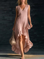 Romantic V-neck Ruffled Hem Linen-cotton Maxi Dress