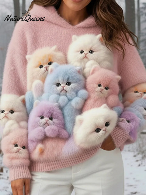 Cozy Cute Kitten Faux Mink Fleece Hooded Sweatshirt