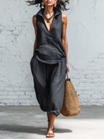 Minimalist Collared Shirt And Wide-leg Pant Linen Two-piece Set