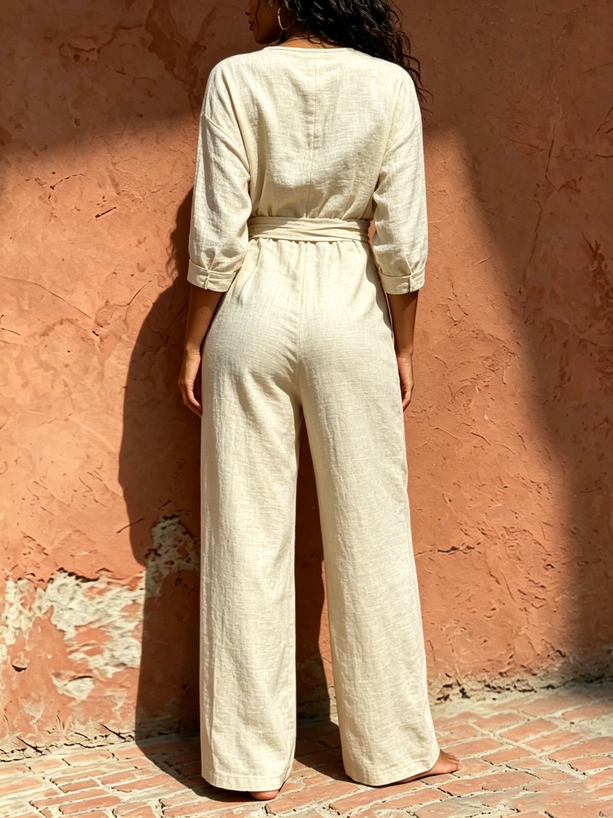 Mono de mujer de algodón y lino, elegante, con escote en V, estilo casual, con cinturón y pantalón largo ancho de estilo bohemio.