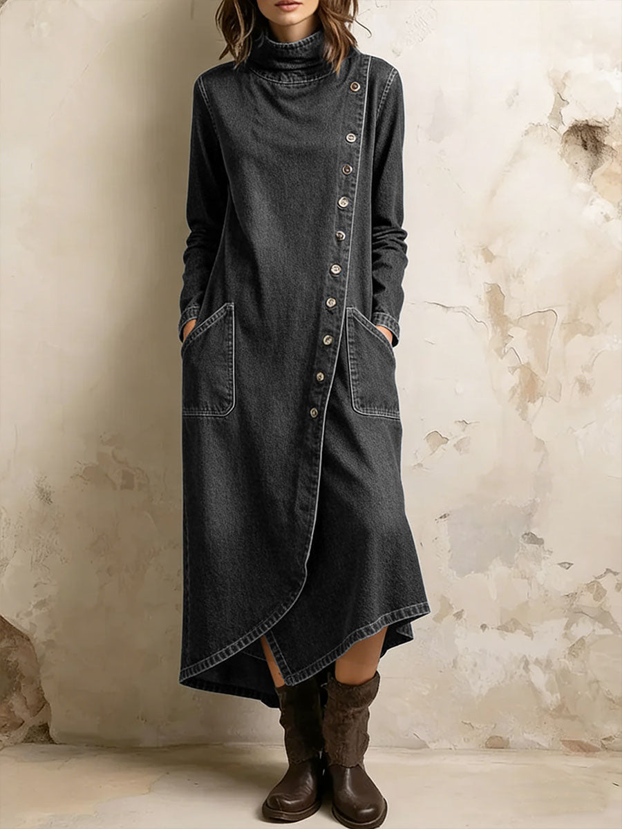 Women's Stand-collar Long-sleeved Casual Loose Denim Dress