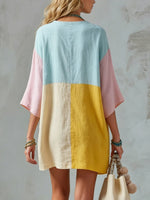 Women's Casual Loose-fit Color-block Cotton-linen Short-sleeve Mini Dress
