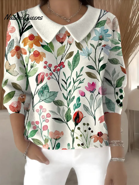 Women's Artistic Flowers Casual Peter Pan Collar 3/4 Sleeve Sweater