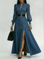 Women's Patchwork Organza Sleeve Maxi Split Denim Dress