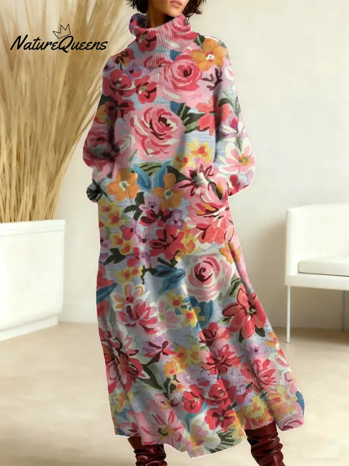 Women's Floral Pattern Art Print Casual Cotton Knitted Dress