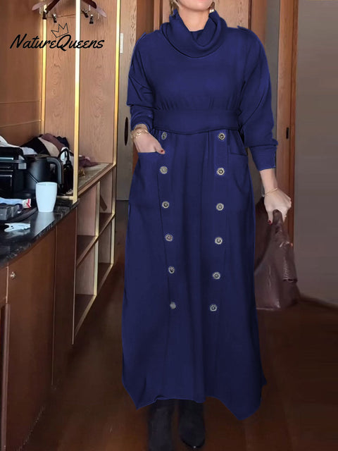Women's Pile Neck Long Sleeve Casual Loose Knit Dress