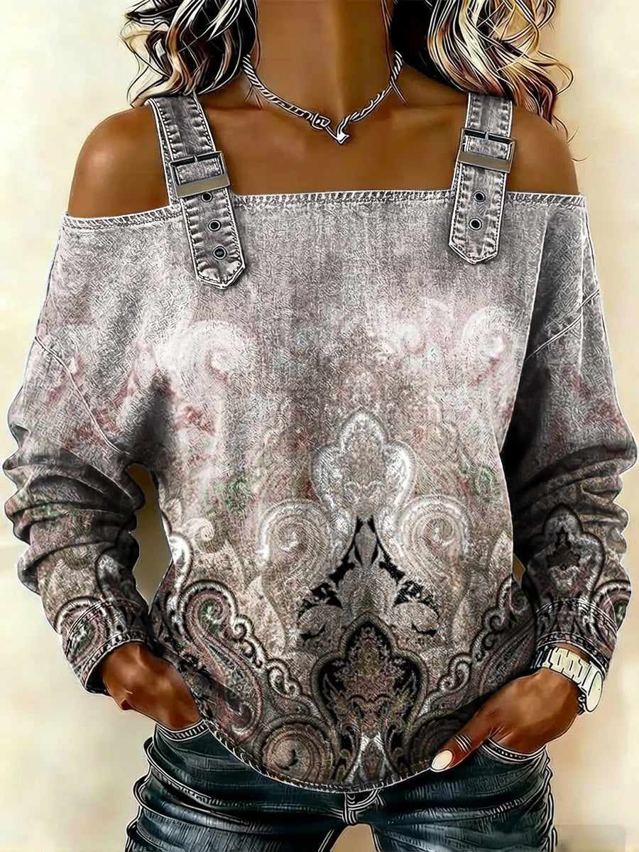 Women‘s Ethnic Style Gradient Pattern Print Casual Cotton Denim Shirt