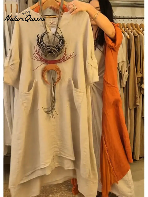 Women's Casual V-neck Pocket Cotton Linen Dress