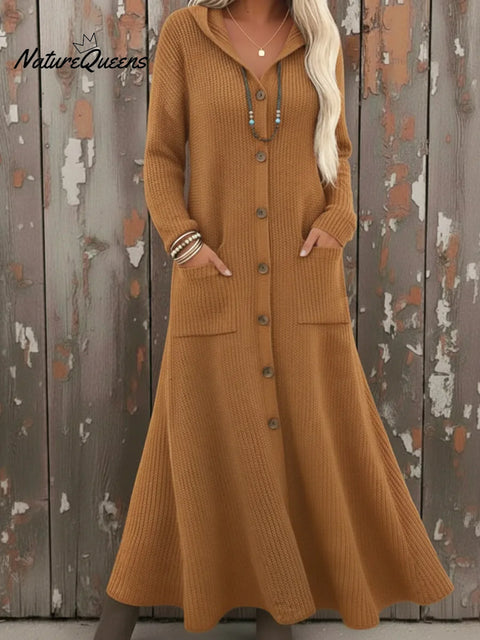Cozy Loose-fitting Button-down Hooded Cardigan Knit Dress
