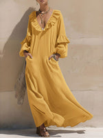 Women's Solid Color Ruffle V-neck Long-sleeved Casual Loose Cotton And Linen Dress