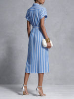 Women's Striped Print Lapel Short-sleeved Casual Loose Shirt Dress