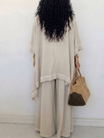 Women's Loose Button-Down Shirt & Wide-Leg Pants Two-Piece Set — Relaxed Casual Outfit with Metal Eyelet Details