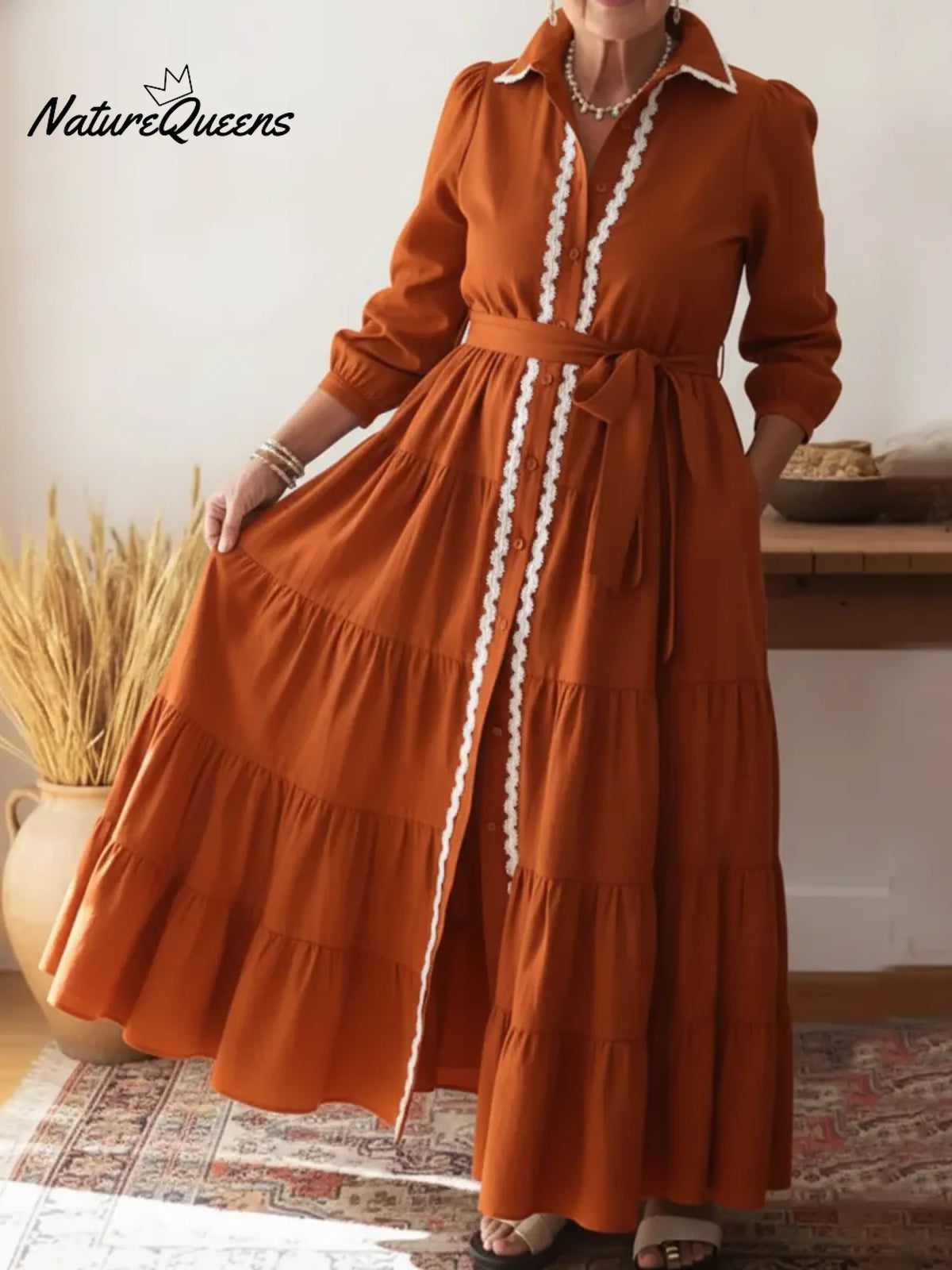 Elegant Collared Lace-trimmed Multi-layered Hem Shirt Dress