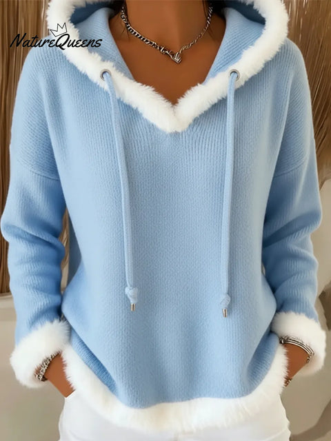 Casual Christmas Faux Rabbit Fur Trim Hooded Knit Top