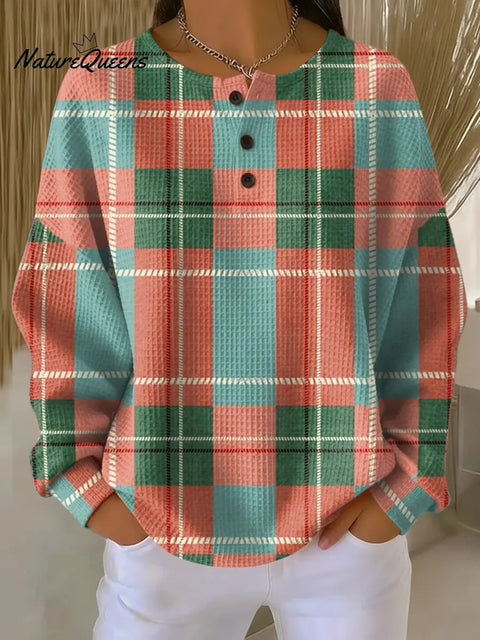 Women's Plaid Pattern Art Print Casual Waffle Sweatshirt