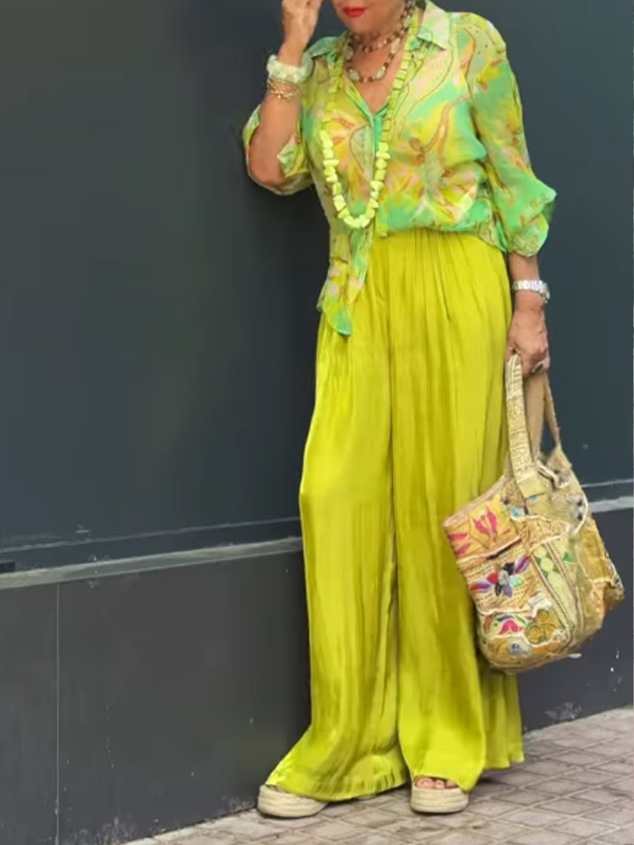 Cozy And Flowy Printed Silk-blend Shirt And Solid-color Trousers Two-piece Set