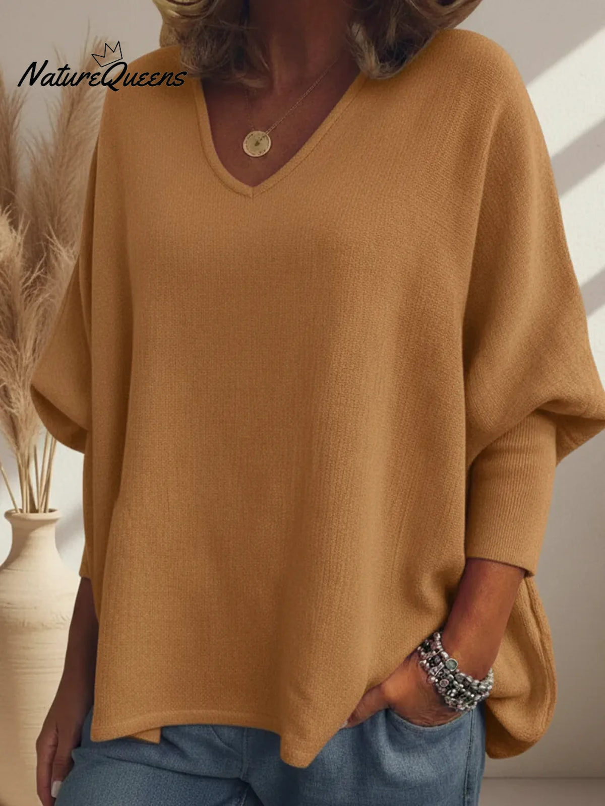 Cozy Batwing Sleeve V-neck Knit Pullover