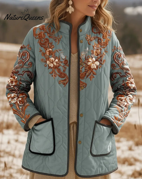 Retro Stand-up Collar Floral Print Pocket Padded Jacket