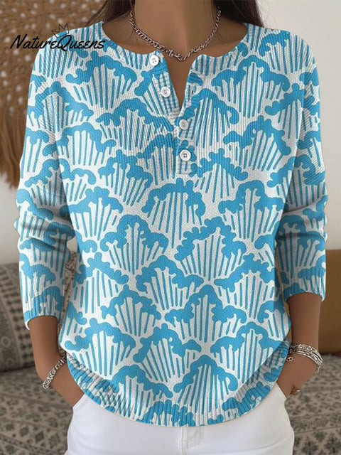 Women's Blue Pattern Art Print Buttoned Cardigan Sweater