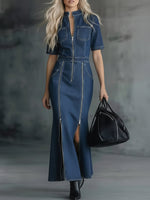 Casual Zippered Denim Fishtail Dress