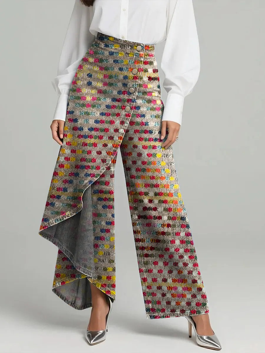 Women's Vintage Pattern Art Print Casual Cotton Denim Pants