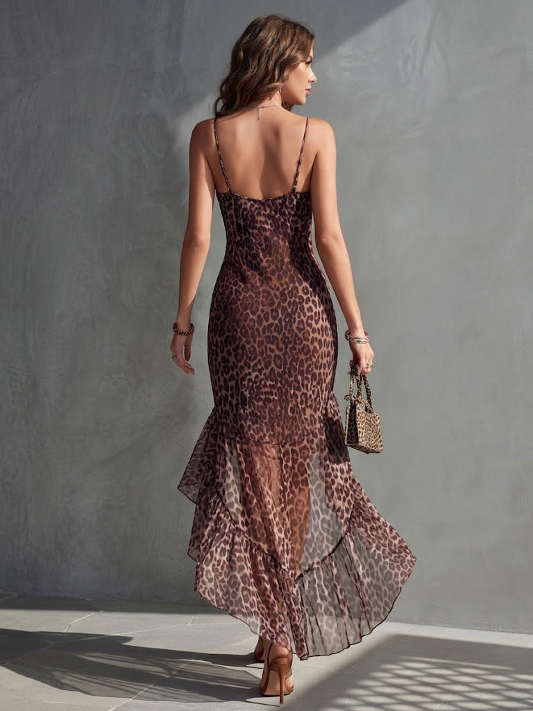 Leopard Print Chiffon Midi Slip Dress — Asymmetrical Ruffled Hem