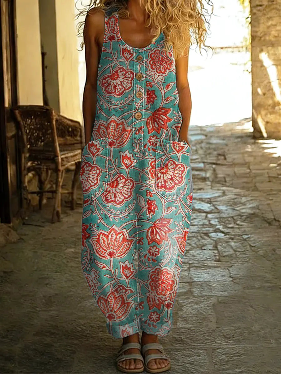 Women's Geometric Print Casual Cotton Vest Jumpsuit