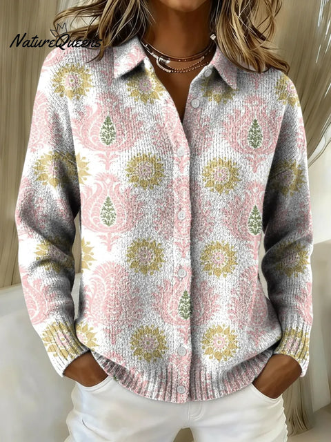 Women's Bohemian Pink Pattern Printed Collared Sweater
