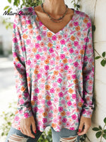 Women's Floral Pattern Art Print V-neck Casual Cotton T-shirt