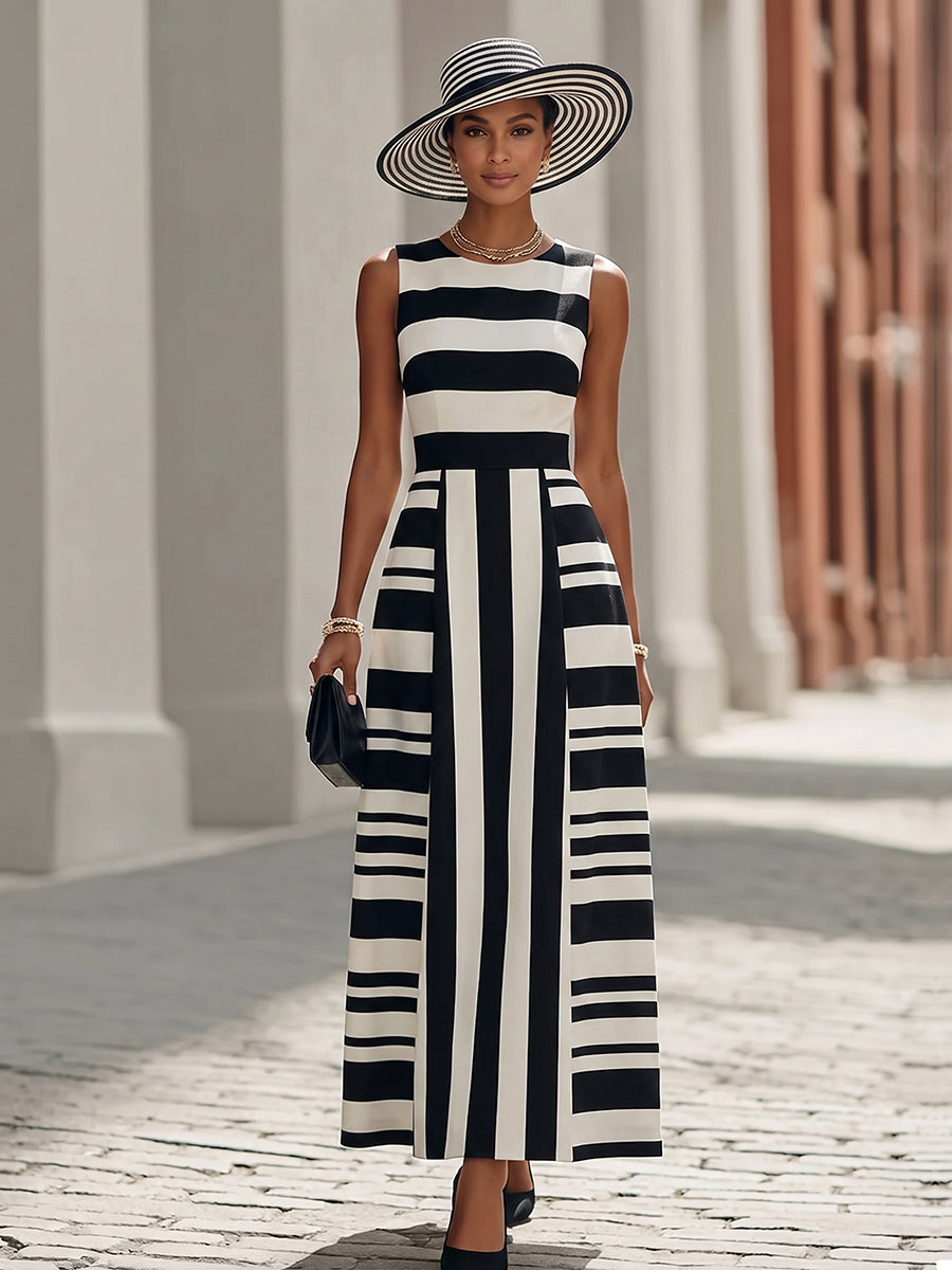 Elegant Artistic Black And White Striped Midi Dress