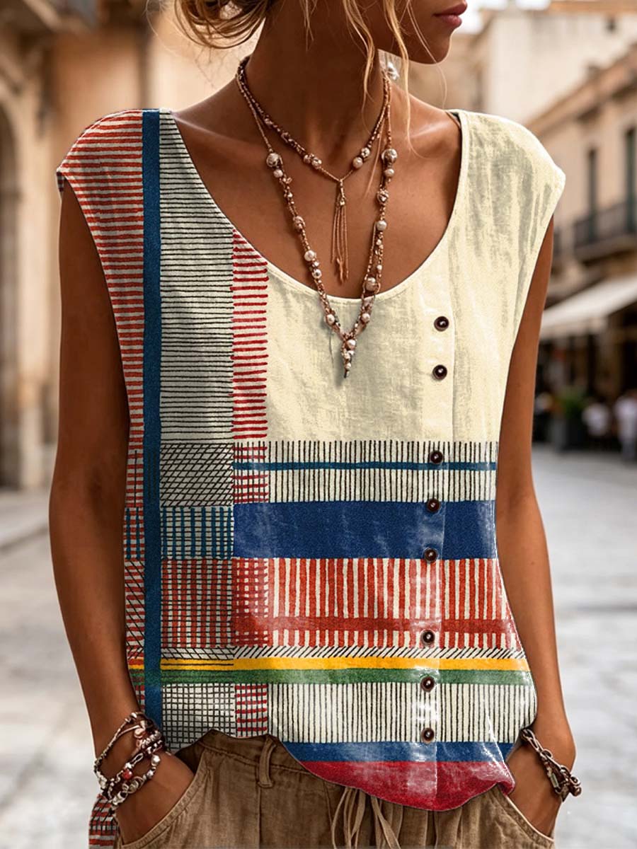 Women's Retro Geometric Line Pattern Art Print Casual Sleeveless Cotton Shirt