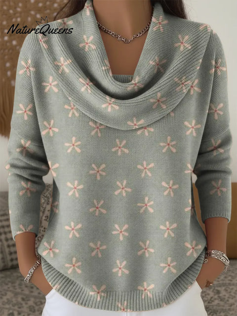 Women's Retro Small Flowers Print Cowl Neck Sweater