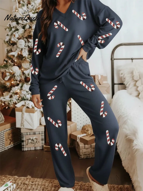Cozy Christmas Candy Print V-neck Top And Pants Two-piece Set