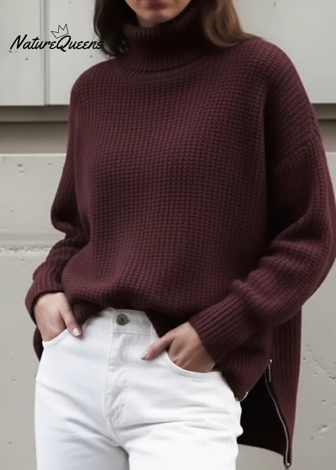 Casual Turtleneck Sweater Top With Side Zipper