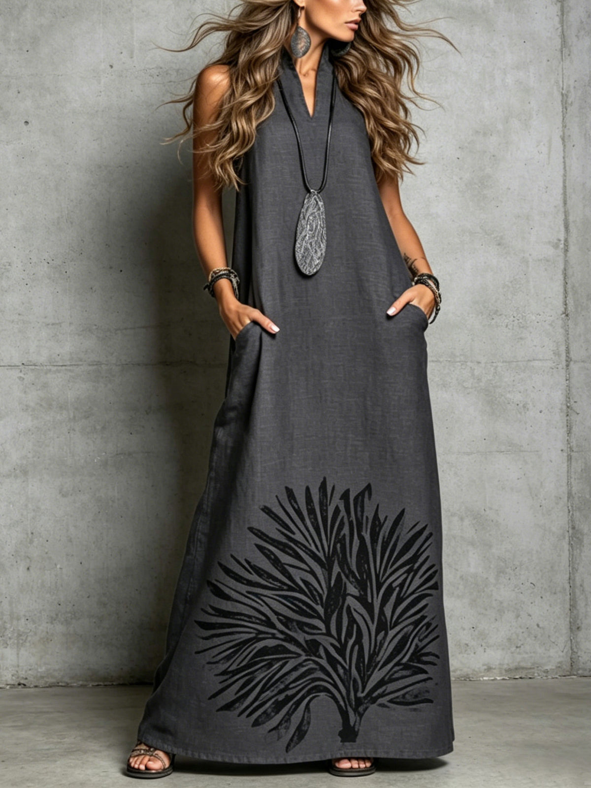 Women’s Life Tree V-neck Sleeveless Pocket Maxi Dress