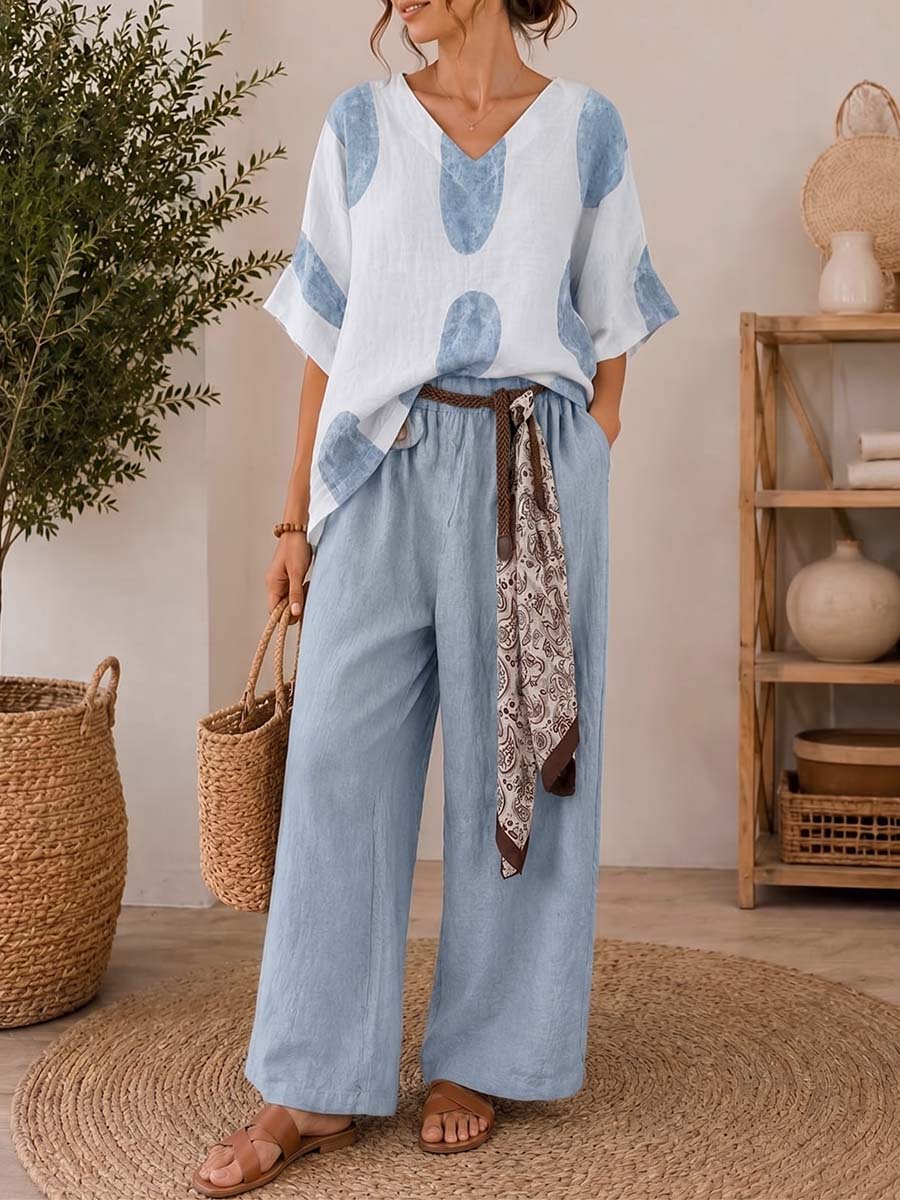 Women's Retro Geometric Print V-neck 3/4-sleeve Loose-fit Cotton-linen Top & Solid High-waisted Wide-leg Pants Set