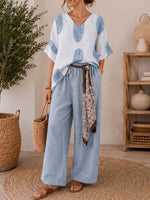 Women's Retro Geometric Print V-neck 3/4-sleeve Loose-fit Cotton-linen Top & Solid High-waisted Wide-leg Pants Set