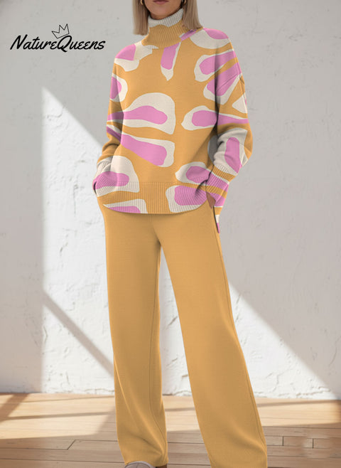 Women's Abstract Pattern Art Print Casual Knitted Cotton Top Pants Suit