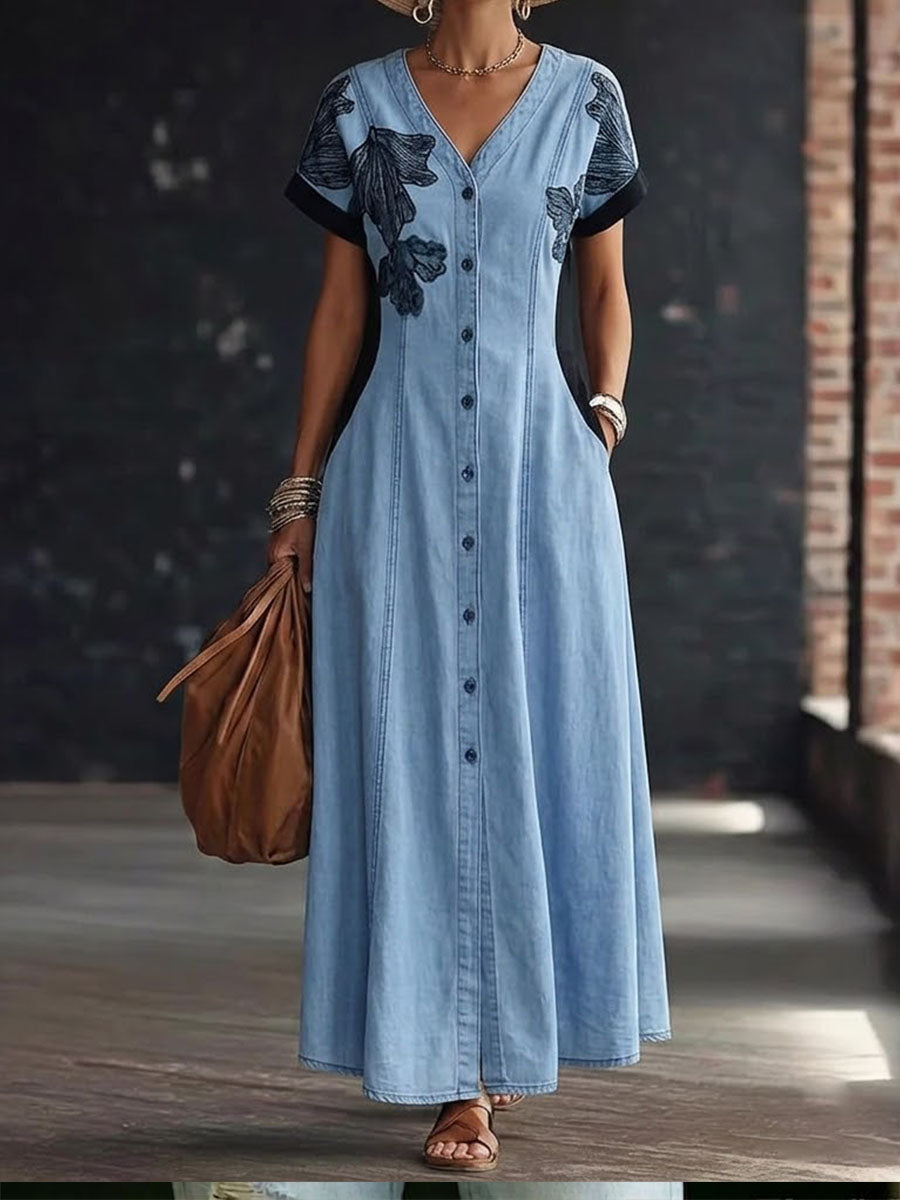 Women's Vintage Floral Print Denim Dress With Cinched Waist