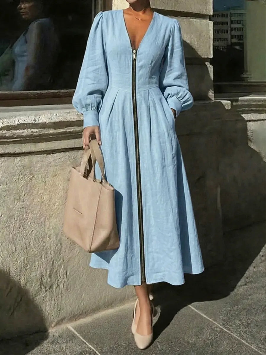 Women's Solid Color Zip Art Casual Fashion Cozy Cotton Linen Dress